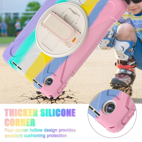 For Lenovo Tab M11 /Xiaomi Pad 11 2024 Rotatable Holder Silicone Hybrid PC Tablet Case with Shoulder Strap(Colorful Pink)