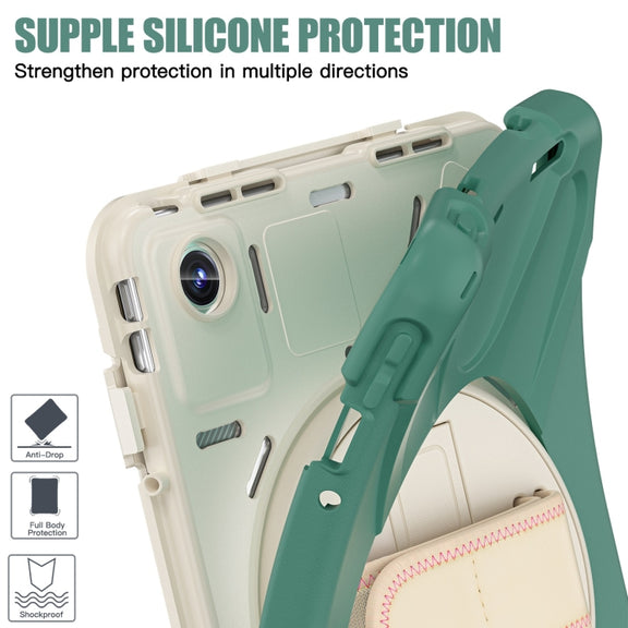 For Lenovo Tab M11 /Xiaomi Pad 11 2024 Rotatable Holder Silicone Hybrid PC Tablet Case with Shoulder Strap(Emerald Green)