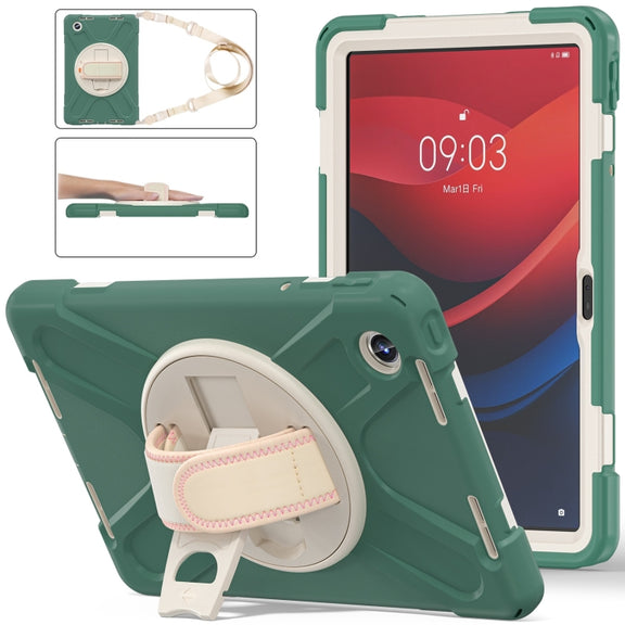 For Lenovo Tab M11 /Xiaomi Pad 11 2024 Rotatable Holder Silicone Hybrid PC Tablet Case with Shoulder Strap(Emerald Green)