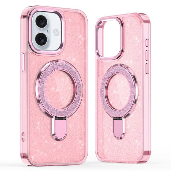 For iPhone 16 Plus Glitter Ring Holder MagSafe Phone Case(Pink)