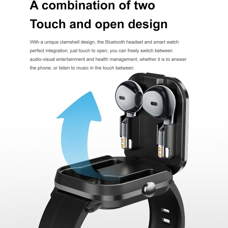 D8 Pro 2.01 inch 2 in 1 Bluetooth Earphone Silicone Strap Smart Watch, Support NFC with Cover(Black)