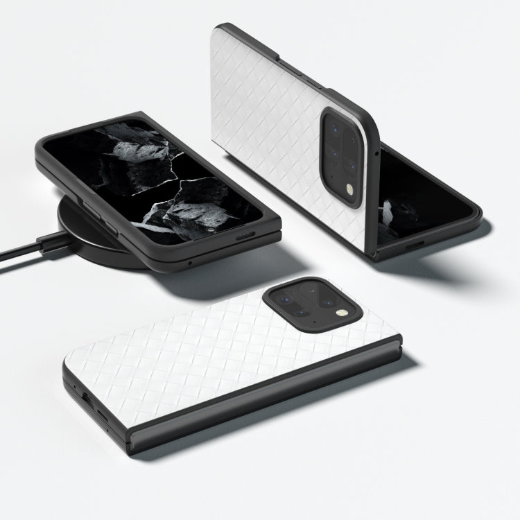 For Google Pixel 9 Pro Fold Black Frame Woven Texture PU Phone Case(White)