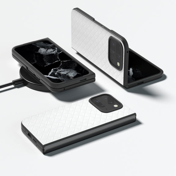 For Google Pixel 9 Pro Fold Black Frame Woven Texture PU Phone Case(White)