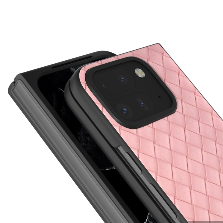 For Google Pixel 9 Pro Fold Black Frame Woven Texture PU Phone Case(Pink)