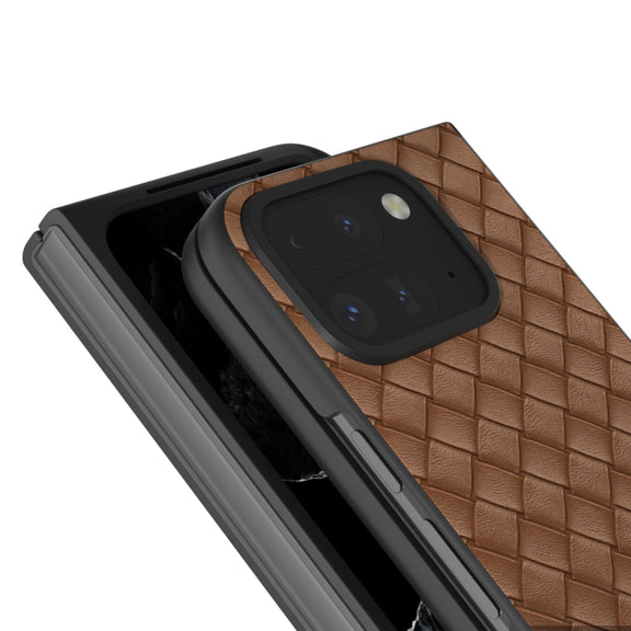 For Google Pixel 9 Pro Fold Black Frame Woven Texture PU Phone Case(Brown)
