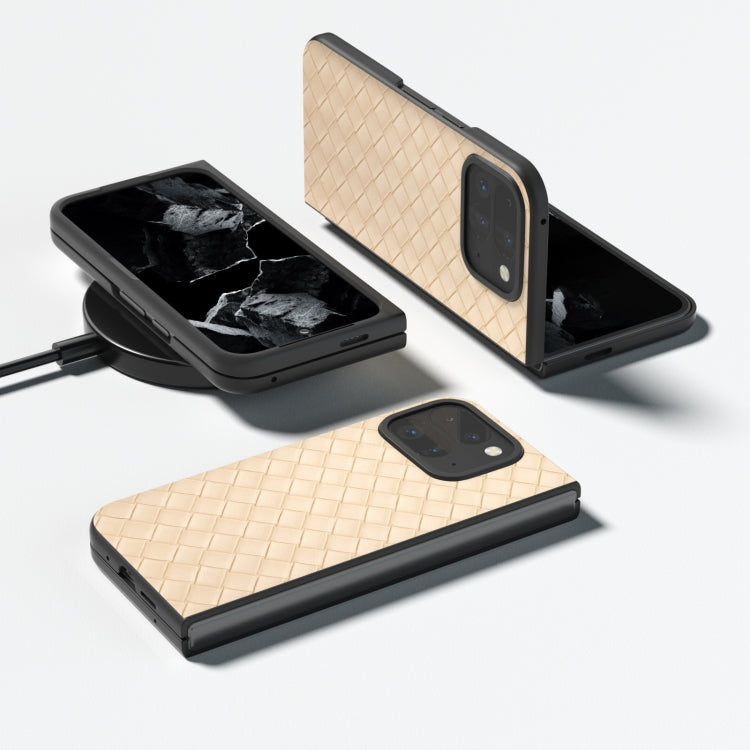 For Google Pixel 9 Pro Fold Black Frame Woven Texture PU Phone Case(Beige)