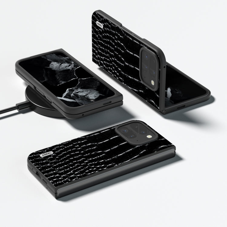 For Google Pixel 9 Pro Fold ABEEL Genuine Leather Crocodile Pattern Black Edge Phone Case(Black)