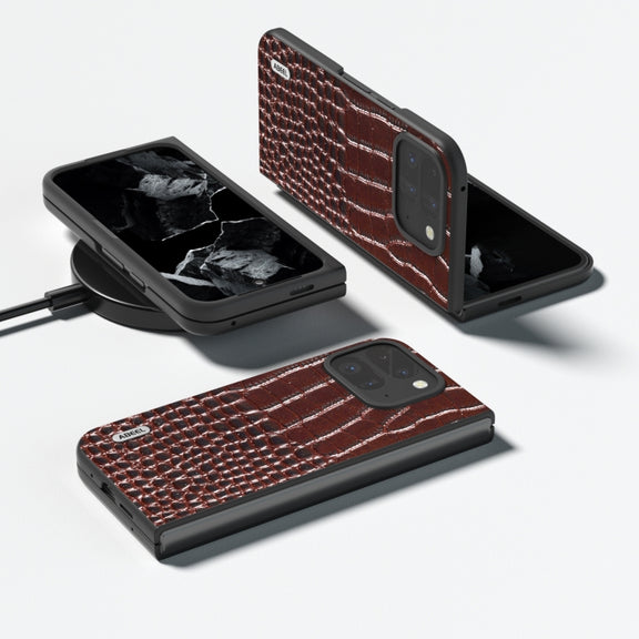 For Google Pixel 9 Pro Fold ABEEL Genuine Leather Crocodile Pattern Black Edge Phone Case(Coffee)