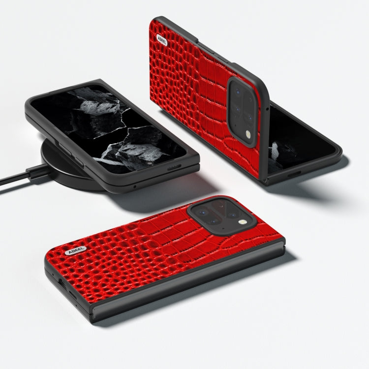 For Google Pixel 9 Pro Fold ABEEL Genuine Leather Crocodile Pattern Black Edge Phone Case(Red)