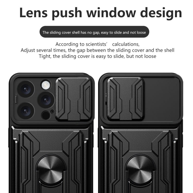For iPhone 16 Pro Max Sliding Camshield TPU+PC Phone Case with Card Slot(Blue)