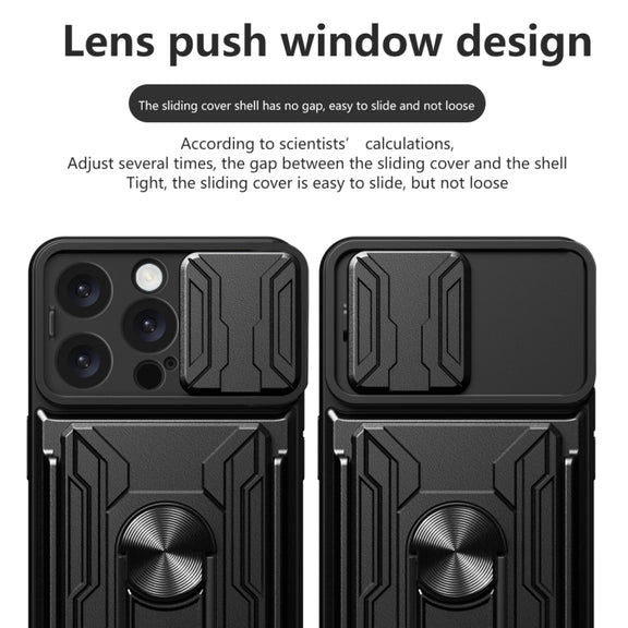 For iPhone 16 Pro Max Sliding Camshield TPU+PC Phone Case with Card Slot(Blue)