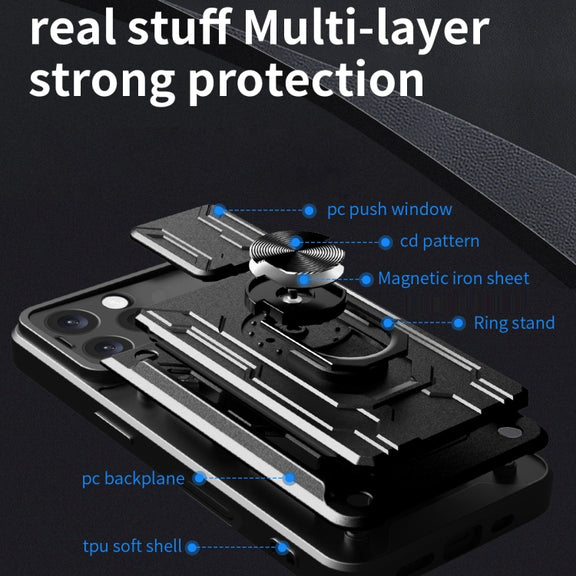 For iPhone 16 Pro Max Sliding Camshield TPU+PC Phone Case with Card Slot(Blue)