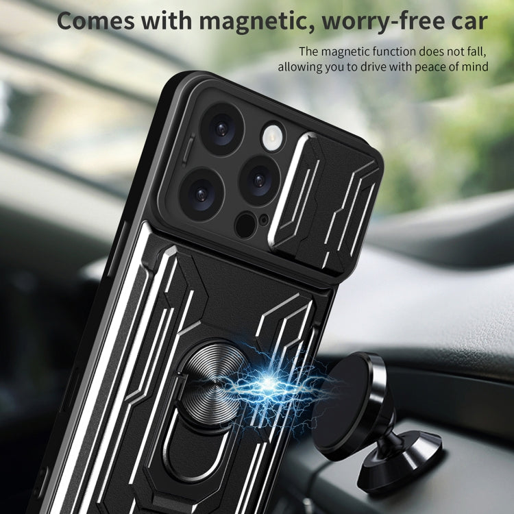 For iPhone 16 Pro Max Sliding Camshield TPU+PC Phone Case with Card Slot(Blue)