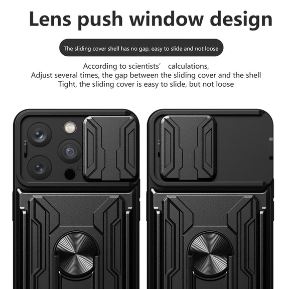 For iPhone 16 Pro Sliding Camshield TPU+PC Phone Case with Card Slot(White)