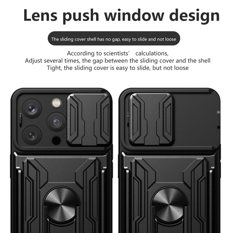For iPhone 16 Pro Sliding Camshield TPU+PC Phone Case with Card Slot(White)