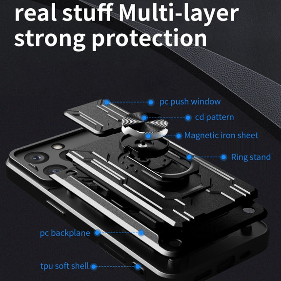 For iPhone 16 Pro Sliding Camshield TPU+PC Phone Case with Card Slot(White)