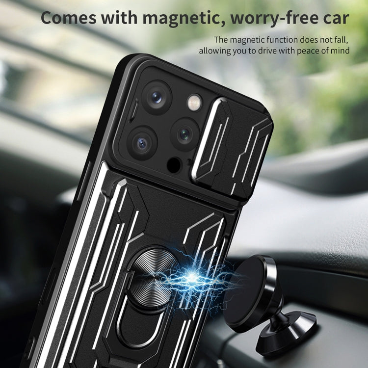 For iPhone 16 Pro Sliding Camshield TPU+PC Phone Case with Card Slot(White)