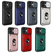 For iPhone 16 Plus Sliding Camshield TPU+PC Phone Case with Card Slot(Grey)