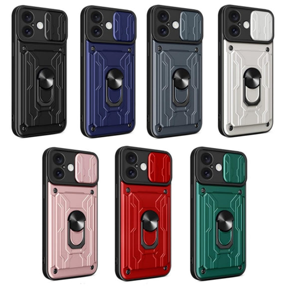 For iPhone 16 Plus Sliding Camshield TPU+PC Phone Case with Card Slot(Grey)