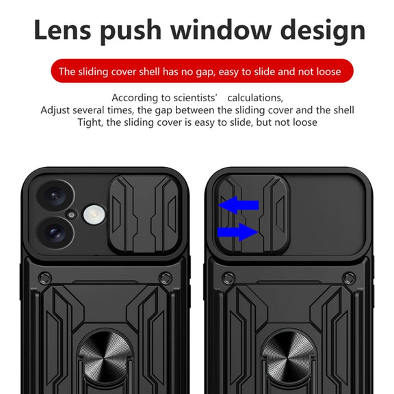 For iPhone 16 Plus Sliding Camshield TPU+PC Phone Case with Card Slot(Grey)
