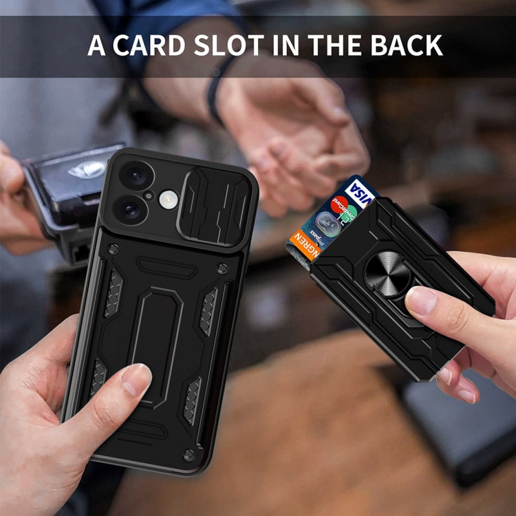 For iPhone 16 Plus Sliding Camshield TPU+PC Phone Case with Card Slot(Grey)