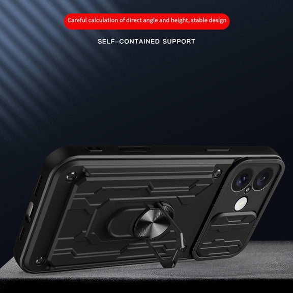 For iPhone 16 Plus Sliding Camshield TPU+PC Phone Case with Card Slot(Grey)