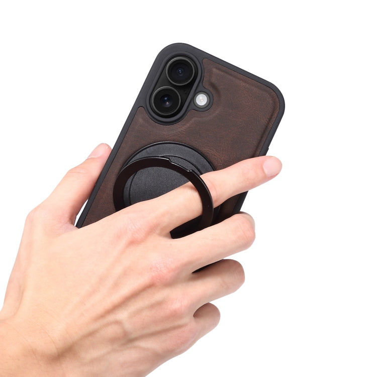 For iPhone 16 Denior A14 Skin Feel Rotating Holder MagSafe Phone Case(Brown)