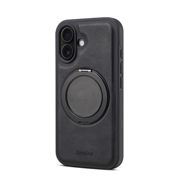 For iPhone 16 Plus Denior A14 Skin Feel Rotating Holder MagSafe Phone Case(Black)
