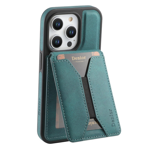 For iPhone 15 Pro Max Denior D18 Skin Feel Rotating Holder MagSafe Detachable Card Slot Phone Case(Blue)