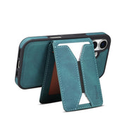 For iPhone 16 Denior D18 Skin Feel Rotating Holder MagSafe Detachable Card Slot Phone Case(Blue)