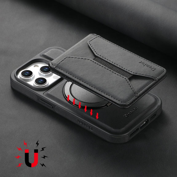 For iPhone 16 Denior D18 Skin Feel Rotating Holder MagSafe Detachable Card Slot Phone Case(Black)