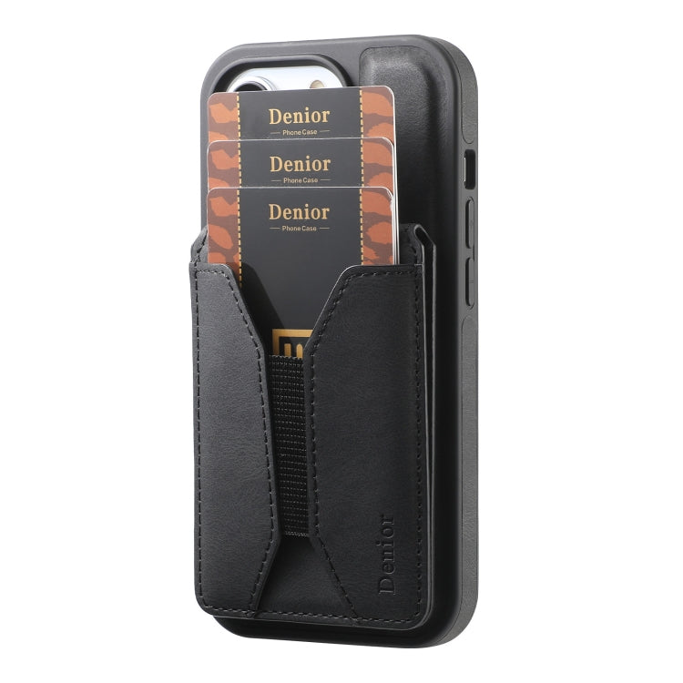 For iPhone 16 Denior D18 Skin Feel Rotating Holder MagSafe Detachable Card Slot Phone Case(Black)