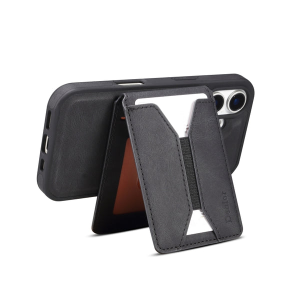 For iPhone 16 Denior D18 Skin Feel Rotating Holder MagSafe Detachable Card Slot Phone Case(Black)