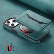 For iPhone 16 Plus Denior D18 Skin Feel Rotating Holder MagSafe Detachable Card Slot Phone Case(Blue)