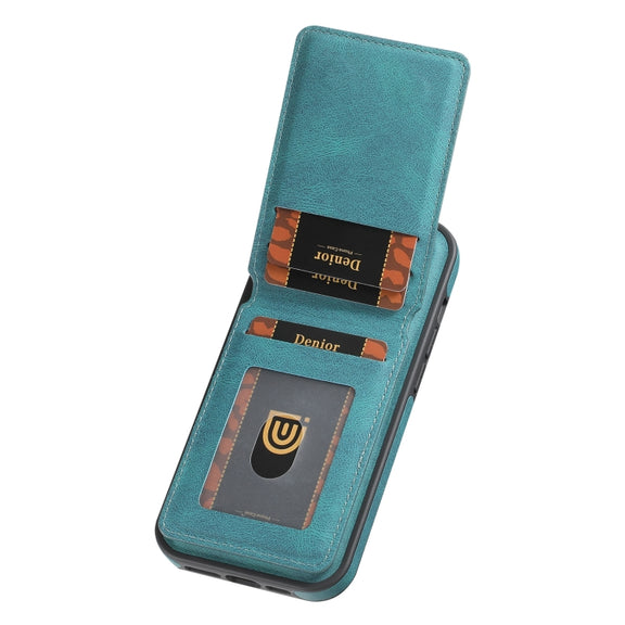 For iPhone 16 Plus Denior D18 Skin Feel Rotating Holder MagSafe Detachable Card Slot Phone Case(Blue)