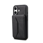 For iPhone 16 Plus Denior D18 Skin Feel Rotating Holder MagSafe Detachable Card Slot Phone Case(Black)