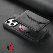 For iPhone 16 Plus Denior D18 Skin Feel Rotating Holder MagSafe Detachable Card Slot Phone Case(Black)