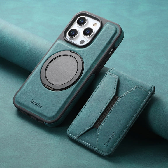 For iPhone 16 Pro Denior D18 Skin Feel Rotating Holder MagSafe Detachable Card Slot Phone Case(Blue)