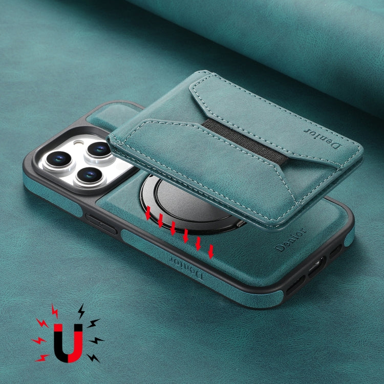 For iPhone 16 Pro Denior D18 Skin Feel Rotating Holder MagSafe Detachable Card Slot Phone Case(Blue)
