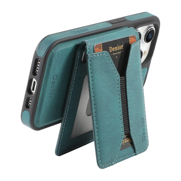 For iPhone 16 Pro Denior D18 Skin Feel Rotating Holder MagSafe Detachable Card Slot Phone Case(Blue)