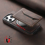 For iPhone 16 Pro Max Denior D18 Skin Feel Rotating Holder MagSafe Detachable Card Slot Phone Case(Brown)