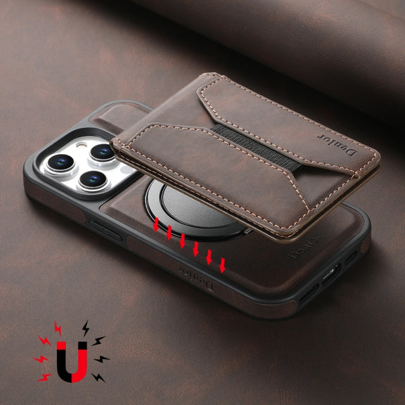 For iPhone 16 Pro Max Denior D18 Skin Feel Rotating Holder MagSafe Detachable Card Slot Phone Case(Brown)