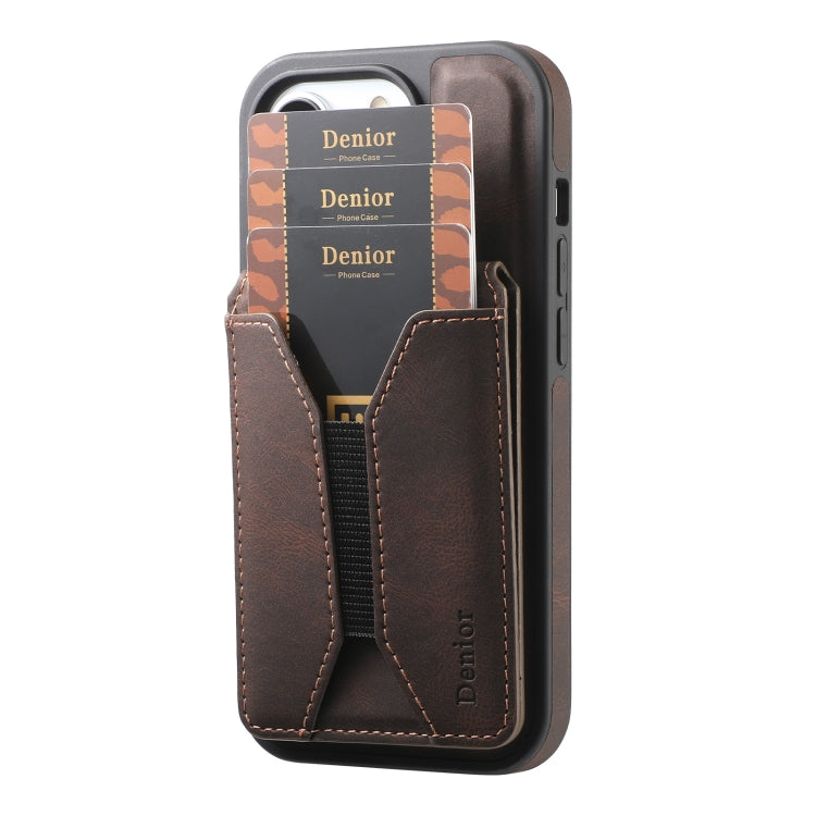 For iPhone 16 Pro Max Denior D18 Skin Feel Rotating Holder MagSafe Detachable Card Slot Phone Case(Brown)