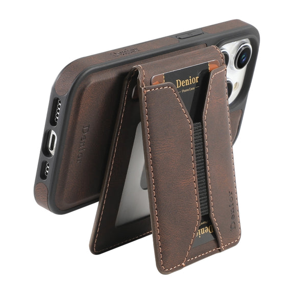 For iPhone 16 Pro Max Denior D18 Skin Feel Rotating Holder MagSafe Detachable Card Slot Phone Case(Brown)