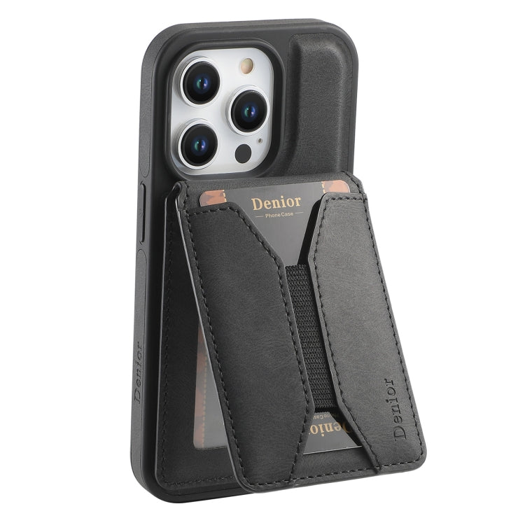 For iPhone 16 Pro Max Denior D18 Skin Feel Rotating Holder MagSafe Detachable Card Slot Phone Case(Black)