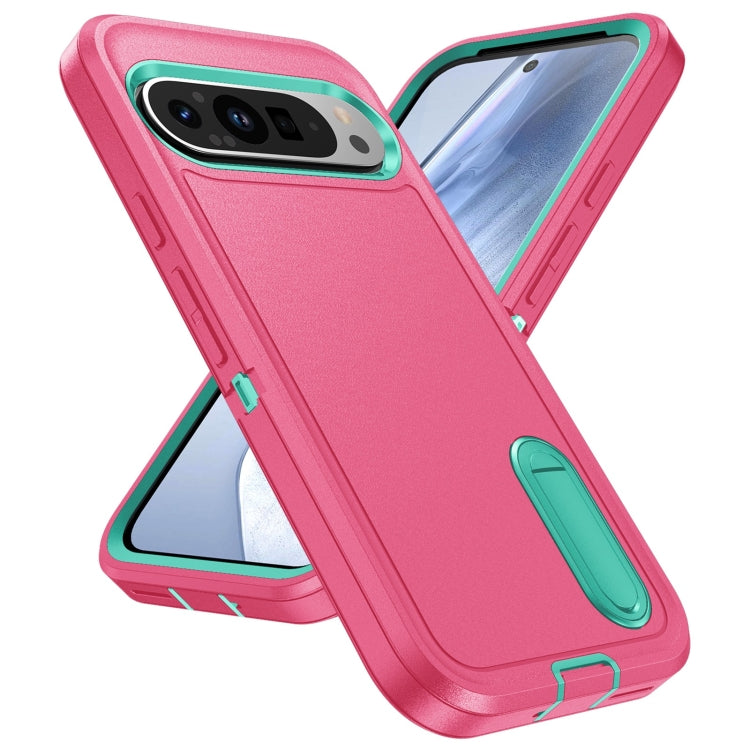 For Google Pixel 9 Pro Rugged PC + Silicone Phone Case with Holder(Rose Red+Light Green)