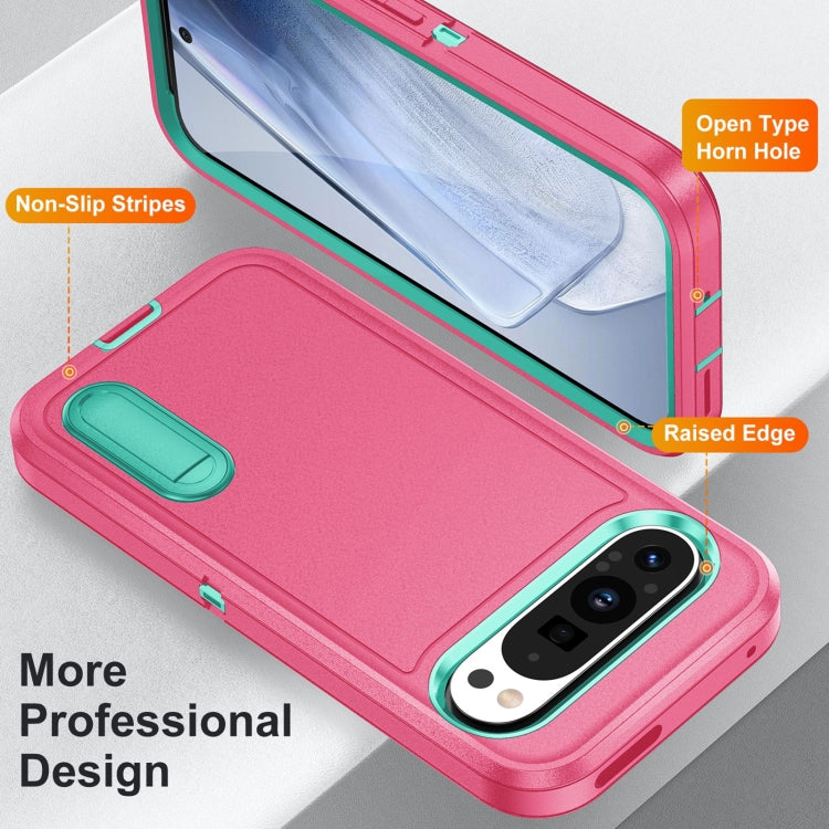 For Google Pixel 9 Pro Rugged PC + Silicone Phone Case with Holder(Rose Red+Light Green)