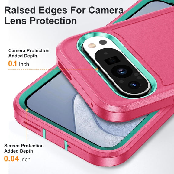 For Google Pixel 9 Pro Rugged PC + Silicone Phone Case with Holder(Rose Red+Light Green)