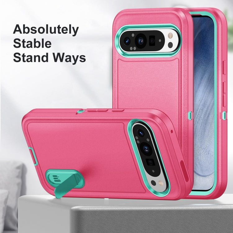 For Google Pixel 9 Pro Rugged PC + Silicone Phone Case with Holder(Rose Red+Light Green)
