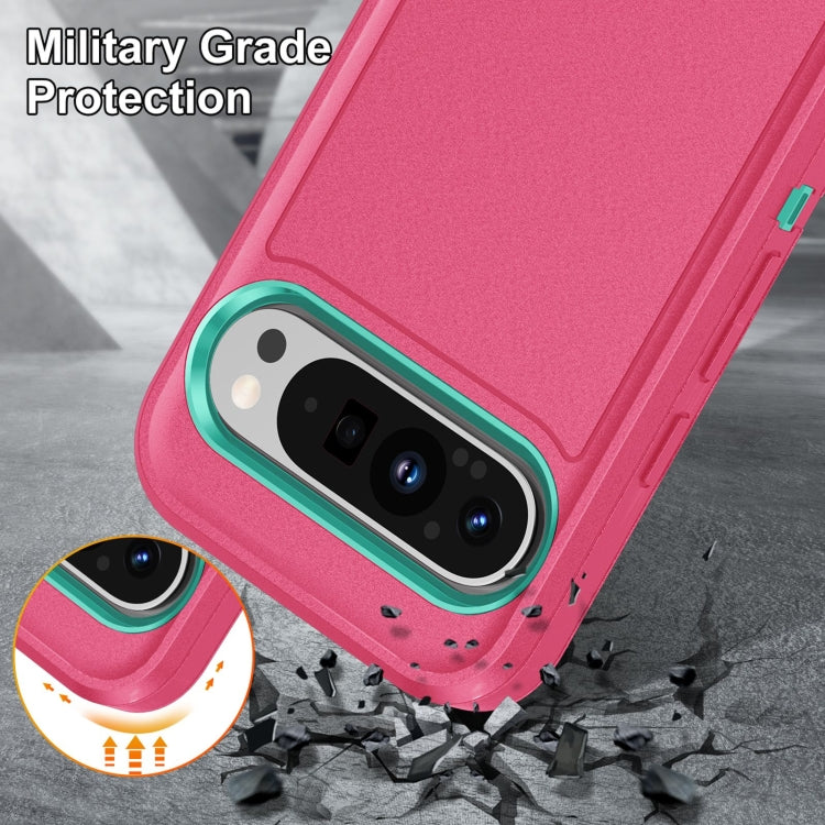 For Google Pixel 9 Pro Rugged PC + Silicone Phone Case with Holder(Rose Red+Light Green)
